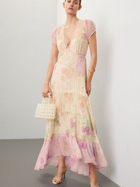 LoveShackFancy ROUPELL Floral Cream Maxi Dress Chiffon Tiered Pink - Size 10